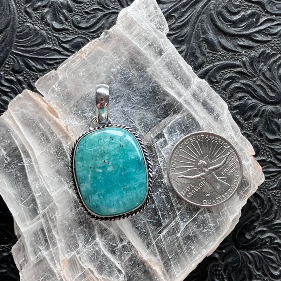 Amazonite With Black Tourmaline Inclusions Crystal Stone Jewelry Pendant - Picture 5 of 7